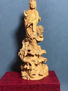 Hand-Carved Boxwood Guanyin Statue with Dragon Base 25cm Buddhist Bodhisattva Decor for Home Temple Meditation Altar