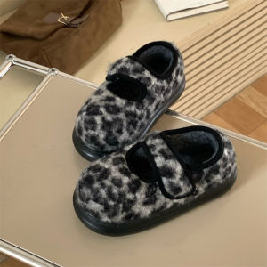 XIXITIAO Casual Winter Warm Furry Shoes with Fleece Lining Leopard Print Thick-Soled Mary Jane Loafers for Women