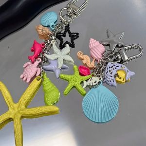 HENLI Alloy Ocean Style Keychain Candy Color Cute Beaded Starfish Turtle Keyring Crab Fish Shell Tassel Pendant Backpack Decor