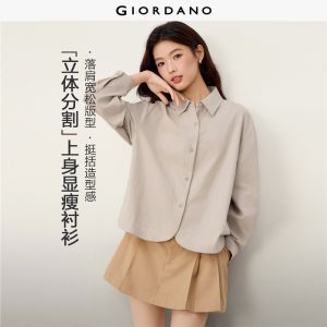 GIORDANO Women Jackets 100% Cotton Seam Detail Shackets Button Closure Long Sleeve Fashionable Casual Relaxed Shackets 13346854