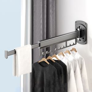 SAVVYSHELF Wall Mount Folding Clothes Hanger Space Aluminum Retractable Cloth Drying Rack Space Saving Rotatable Folding Clothes Pole Outdoor