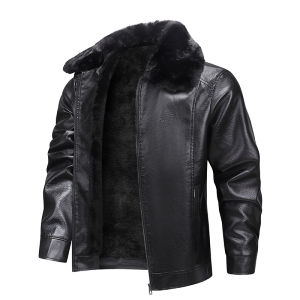 2025 Winter Mens Fleece-Lined Thick Leather Jacket – Windproof & Waterproof Stand Collar Coat Business Casual Fur Trim Outerwear for Mature Gentlemen