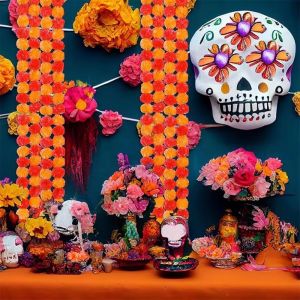 INVADER Plastic Marigold Garland Artificial Flowers Pooja Diwali Fiesta Marigold Flower Garlands Wedding Mandap Decor Bendable Artificial Flower Garland for Halloween Day of The Dead