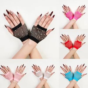 MODERNLUX Fishnet Design Rhinestone Gloves Shiny Decor Style Fingerless Gloves Cosplay Gloves Short Gloves Party Performance