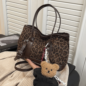 MZP Retro Leopard Print Crossbody Bag Plush Large Capacity Faux Suede Tote Bag Versatile Lightweight Ladies Bucket Shoulder Bag Commuting