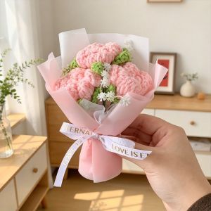TEWUB Fake Flowers Crochet Flowers Knitted Flower Hand Woven Artifiical Folwer Bouquet Ornament Romantic Woven Simulated Flower Valentines Day