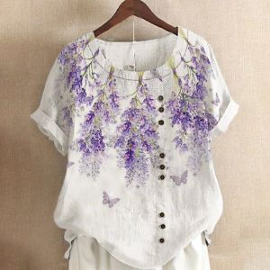 Casual Shirt Loose Tee Stylish Blouse Retro Cotton Linen Printed Design Short Sleeve