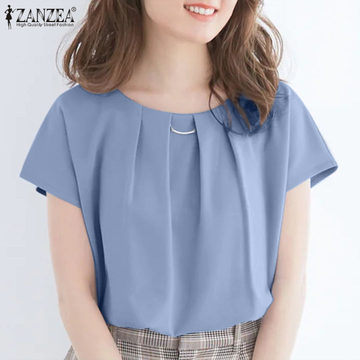 Zanzea Korean Style Womens Short Sleeve Pleated T Shirts Solid Formal Ol Office Tops Pullover