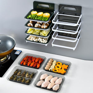 COD Portable Kitchen Preparation Plate Folding Food Storage Rack 4-Layer Dishes Tray Multi-functional Wall Mount Racks Kitchen Tray Set