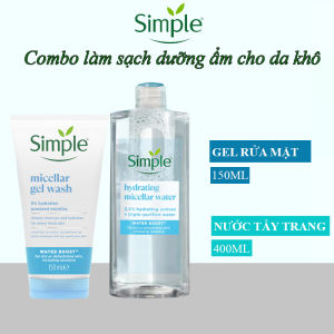 Combo Simple da khô Gel rửa mặt 150ml + Nước tẩy trang 400ml Water Boost Hydrating Micellar xanh dương