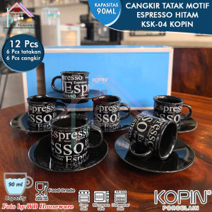 TANITI by KOPIN Cangkir set 6pasang 90ml motif full print coffee hitam / gelas mini / espresso porcelain latte cappucino KSK-04