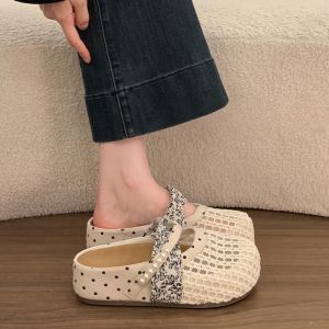 Free Shipping Thick-Soled Height-Increasing Closed-Toe Half-Slipper Sandals For Women Summer Outdoor Wear 2026 New Style Breathable Mesh Hollow-Out Design