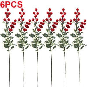 10PCS Christmas Holly Berries Green Leaves Branches Red Berry Ornaments Christmas Tree Decor DIY Wreath Artificial Fake Flowers New Year Dining Table Decor