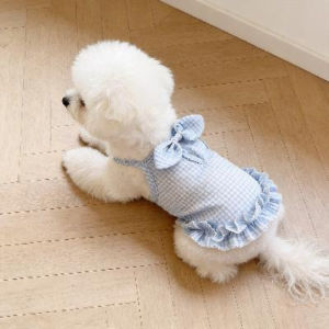 Pet Clothes Summer Thin Dress Anti-Shedding Fresh Plaid Bow Suspender Princess Dress Dog Clothes