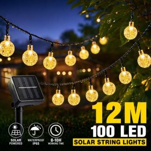 12 Meters 100 Led Solar Fairy String Lights Outdoor Waterproof 8 Modes Crystal Ball Garden Party Decor