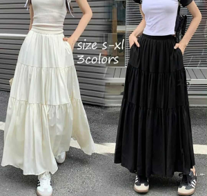 Daf Layered Boho Summer Plain Color  Korean Maxi Long Skirt