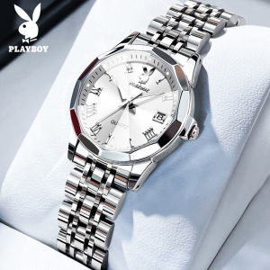 PLAYBOY นาฬิกาสำหรับผู้หญิงกันน้ำร้านค้าอย่างเป็นทางการ ควอตซ์ส่องสว่างปฏิทินแฟชั่นสายเหล็กผู้หญิงนาฬิกาลำลองข้อเสนอสุดฮอต