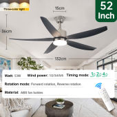 Goegous 52inch ceiling fan with light modern design 6 gear wind 3 color dimming ceiling fan with lights and remote 5 blades big size for living room