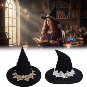 EODKUS Vintage Lace Witch Hat Tree Of Life Badge Lace Trim Wizard Hat Cosplay Elegant Black Halloween Hat Cosplay Party