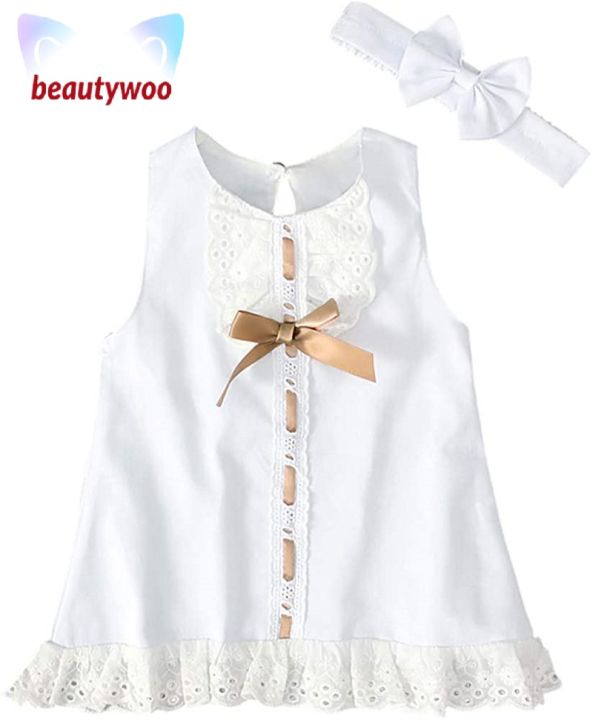 Summer Baby Clothing Newborn Baby Girl Dress Lace Sleeveless Bowknot Rib  Solid White Shift Gown Headband 0-24M Lazada PH