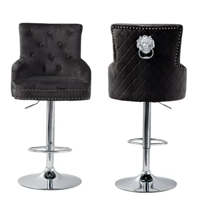 1 PCS เก้าอี้บาร์ 360องศา หมุนได้ Velvet Bar Chair with Pull Buckle Full Backrest Soft Seat Adjustable Height Bar StoolSturdy Chrome Footrest เก้าอี้ทำงาน เก้าอี้อเนกประสงค์ เก้าอี้บาร์