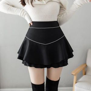 YIMEI กางเกงกระโปรงแบบครึ่งลำตัวสีดำสำหรับผู้หญิงในฤดูใบไม้ผลิฤดูใบไม้ร่วงและฤดูหนาว2025ใหม่เอวสูงจีบชุดกระโปรงเป็นชั้น A-Lineแฟชั่นกระโปรงแบบฟูสั้น