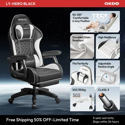 OKDO Knight Ergonomic Gaming Chair with Footrest 135° Recline Lumbar Support 3D Adjustable Armrest Wide Seat