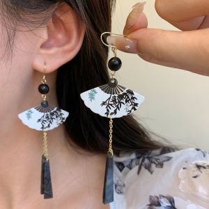 RANZH Tassel Fan Shaped Drop Earrings Hook Piercing Leaf Exaggerated Long Earrings Retro Accessories Chinese Style Earrings Women