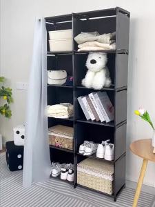 COD Dustproof Fabric Wardrobe Book Rack with Curn Cover Space-Saving Clothes Organizer Cabinet Steel Household Conners Decoration Room