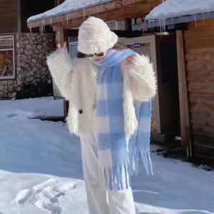 DGFDF Blue White Plaid Fringe Scarf Long Tassels Tartan Checkered Knitted Woolen Wrap Outdoor Thermal Collar Large Size Winter Warm Shawl Snowy Weather