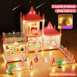 Mainan Rumah Rumahan Kastil Villa dengan Lampu dan Boneka Perakitan DIY Rumah Mainan