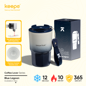 [p49 Name Engraving] Keepe Flask Premium CERAMIC LINER Coffee Tumbler "Blue Lagoon" Stainless Steel Vacuum Insulation Thermal Flask Coffee Mug With Lid & Strap16oz/450ml