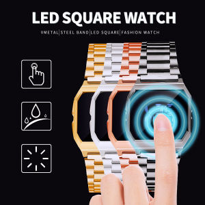 LED Electronic Touch Watch Square Dail Metal Steel Strap Watches Fashion Quartz Wristwatch for Men and Women