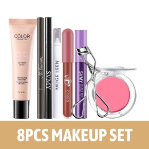 LAMEILA SVMY Long-Lasting Moisturizing Bb Cream+Natural Rose Blush+Pearlescent High-Gloss Pen+Waterproof Mascara+Black Eyebrow Pencil+Sweat Proof Eyeliner Pen+Velvet Lip Mud+Eyelash Curler Clip【8 PCS Multi Functional Makeup Combination】