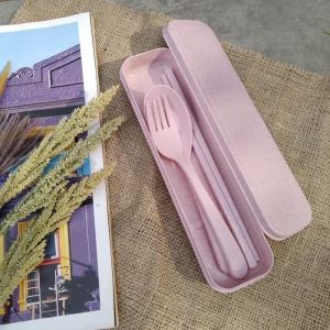Sendok Set  Alat Makan Souvenir  Garpu Korean Sumpit Travel Bahan Jerami Gandum Unik Kado Lunch Box Kotak Makan