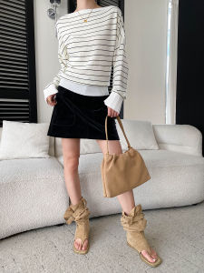 Women Color‑Contrast Stripe Off‑Shoulder Knit Top 2026 Fall Spliced Shirt Sleeve Sweater