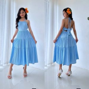 Joziah Gabriella Trendy Sleeveless Halter Backless Layered Maxi Dress for Kids Ages 8-12 in Stretchable Bark Crepe Fabric Unique Stylish Design