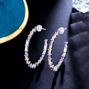 SEQUITO Simple Style Lady Jewelry Silver Gold Plated Pave Setting Multicolor Baguette Cut AAA Cubic Zirconia Bamboo Big Round Hoop Earrings for Prom Party SE683