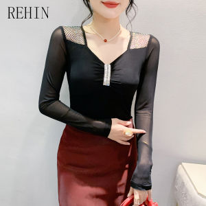 REHIN Autumn New Hollow Out Mesh Rhinestone Embellished Long Sleeve T-shirt Printed Mesh Elegant Womens Top