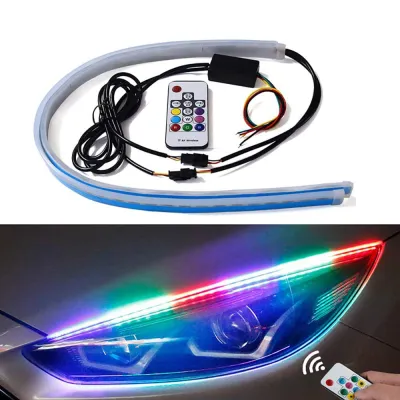 2 Buah Lampu Lari Siang Hari LED Mobil DRL Kontrol Aplikasi Lampu Hias Bar Lampu Sein Aliran Warna-warni RGB Fleksibel Kontrol Aplikasi 12V (juga Cocok untuk Sepeda Motor)