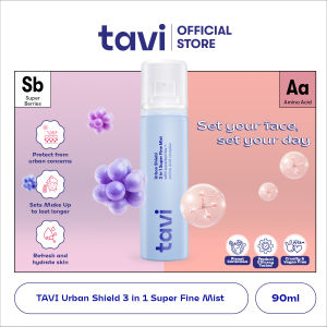 TAVI Urban Shield 3 in 1 Super Fine Mist 90 ml - Setting Spray Primer Multifungsi Make up Tahan Lama 12 Jam | Make up Anti Crack & Flawless | Melembabkan dan Melindungi dari Polusi & Blue Light | Aman untuk Semua Jenis Kulit & Kulit Berjerawat