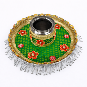 Karwa Chauth Stainless Steel Pooja Thali Set- 10 Inches | 1 Thali & 1 Lota | Festive Decor | Pack of 1 Pc