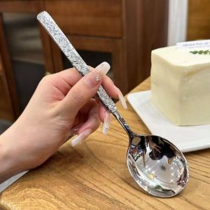 2PCS Stainless Steel Ice Crack Spoon Silver Mirror Polished Tableware Soup and Rice Spoon Thickened Long Handle Stirring Dessert Spoon Essential Tool for Home Kitchen