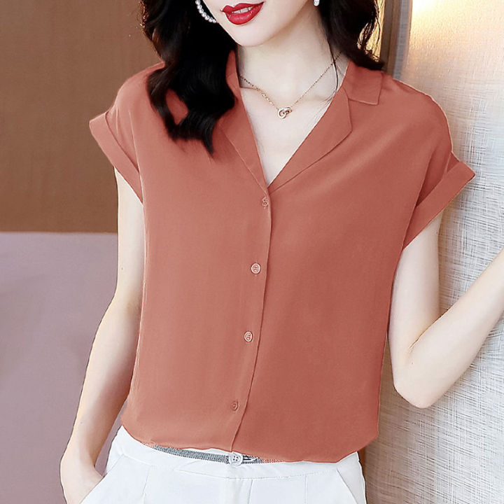 2023 Spring Summer Elegant Chiffon Shirt Fashion Solid Simple Button Up Top  Women Short Sleeve All-match Blouse Female Clothes Lazada PH