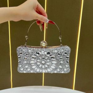 ANAMA Bling Rhinestone Evening Clutch Bag Pearl Clasp Sparkly Satin Clutch Handbag Womens Fashion Chain Shoulder Bag Evening Occasion