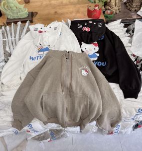 Áo Khoác Hoodie Nữ in Hello Kitty Có Khóa Kéo Chất Nỉ Bông Ấm Áp Phong Cách Hàn Quốc