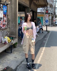 ❣Fortunee ❣ กางเกงขาสั้นสามส่วนคาร์โก้สีกากี ดีไซน์พิเศษ มีหลายกระเป๋า สไตล์เก๋ๆ วิเทจๆ