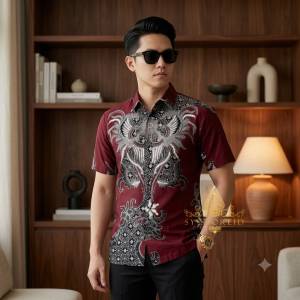 Baju batik pria lengan pendek kombinasi bordir - hem batik keren