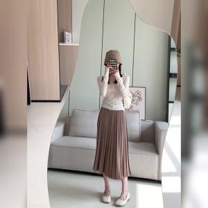 Ammin 2024 Váy chữ R cạp cao co giãn Xuân/hè cho cho nữ phiên bản Hàn Quốc Váy Xếp Ly Chữ A thanh lịch dáng ôm dài trung bình