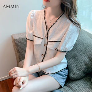 AMMIN Korean Style Short Sleeve Lace Embroidered Shirt For Women Summer Short V-neck Fashion Lace Top